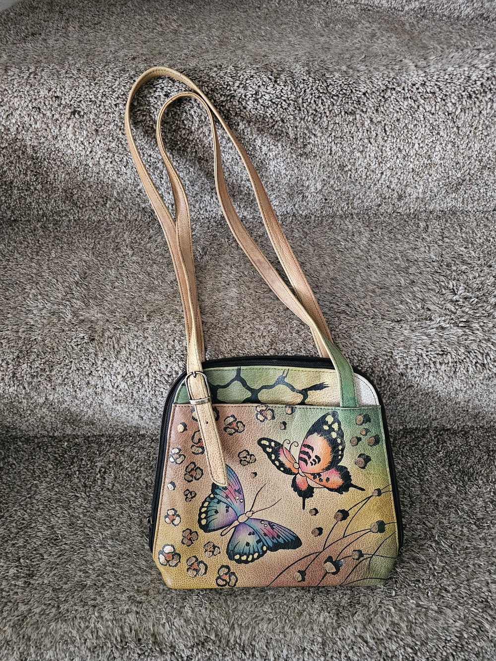 Anuschka Multicolor Butterfly Shoulder Bag in Peach, Green and Black